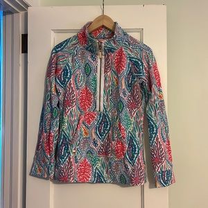 Lilly Pulitzer Let Minnow Skipper Popover XS Coral Print Fish Blue Green Yellow